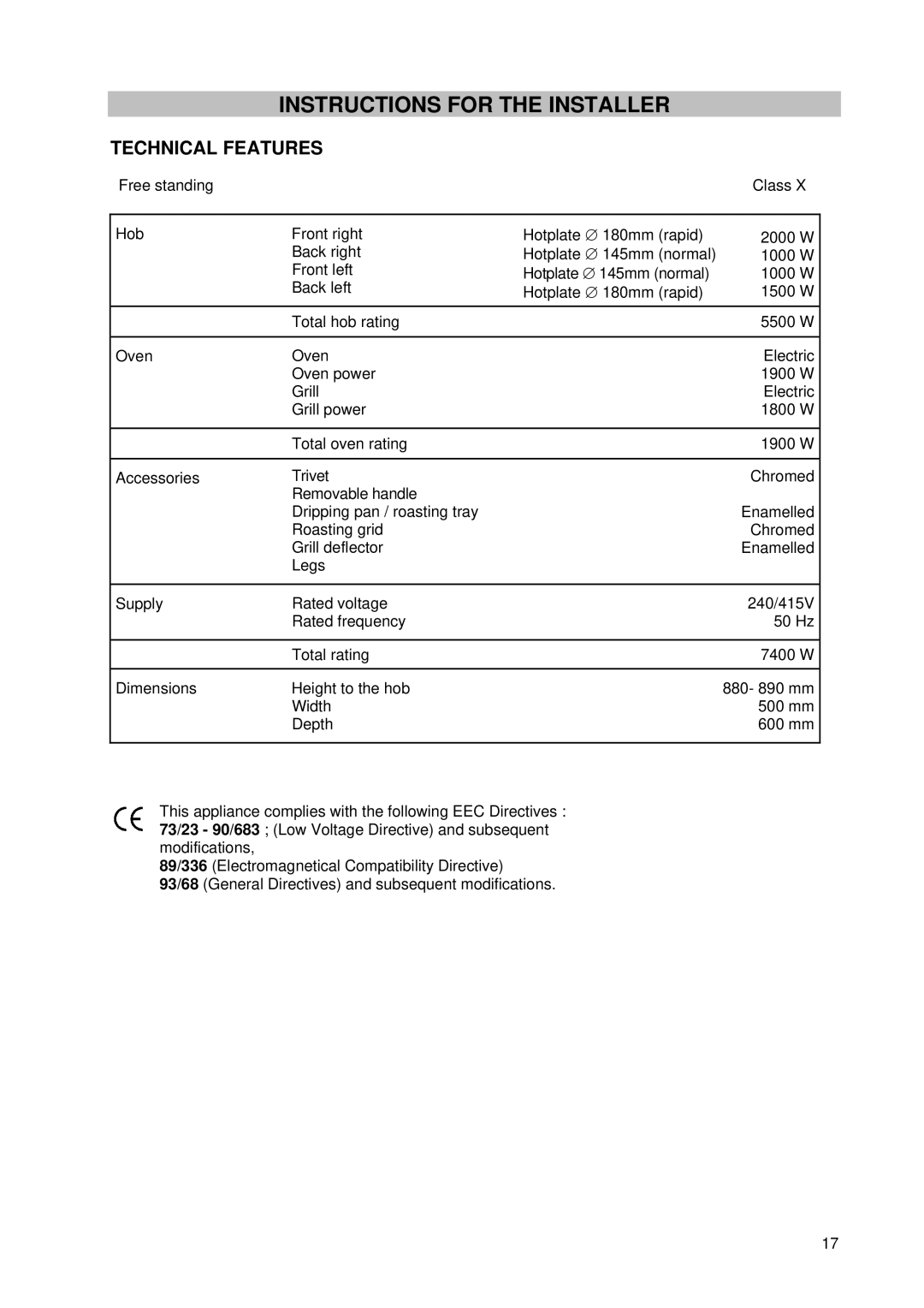 Tricity Bendix SE 210 manual Instructions for the Installer, Technical Features 