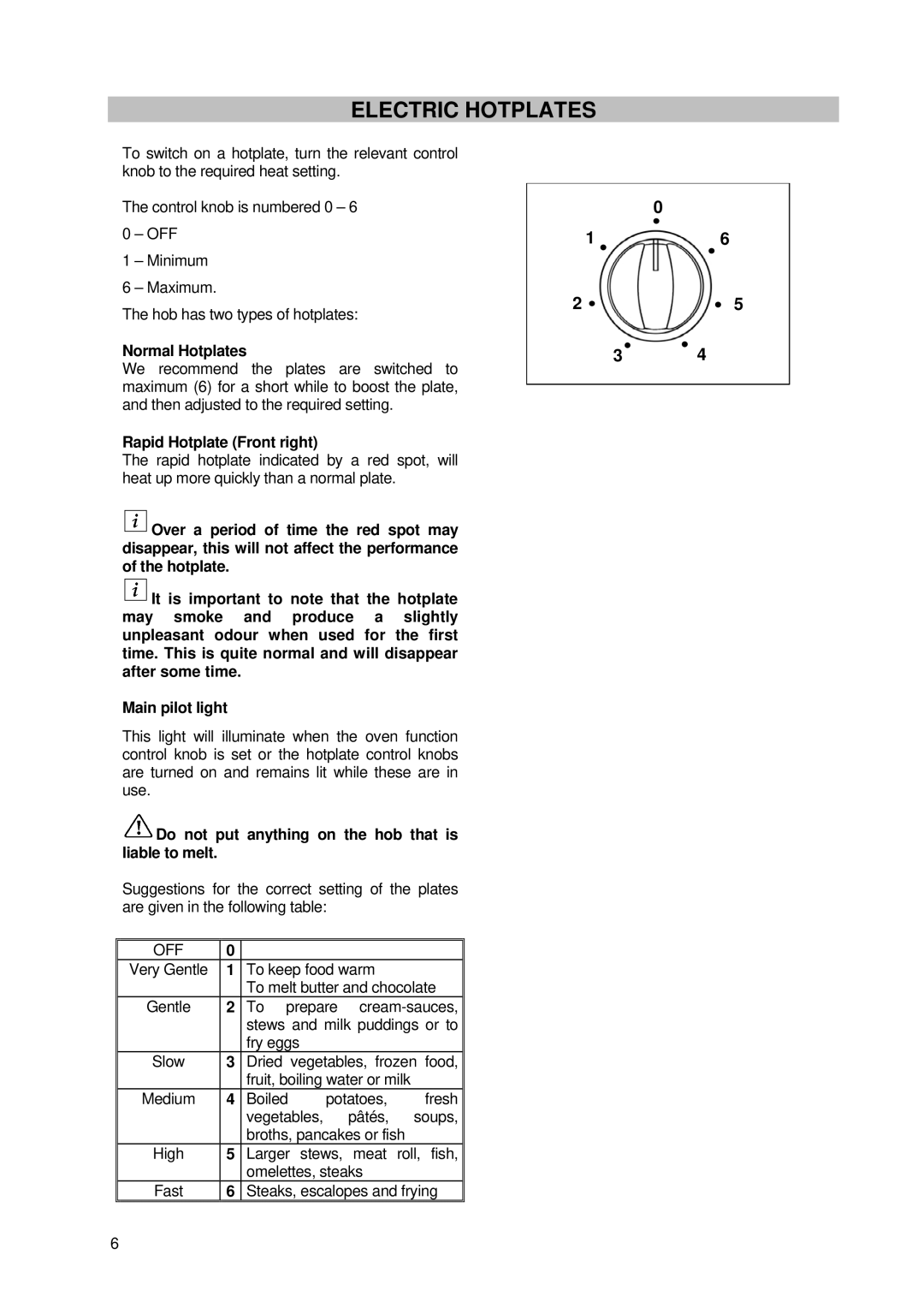 Tricity Bendix SE 210 manual Electric Hotplates, Normal Hotplates, Rapid Hotplate Front right 