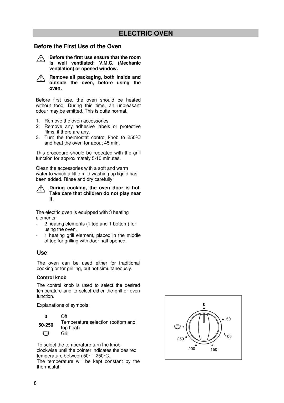 Tricity Bendix SE 210 manual Electric Oven, Control knob, 50-250 