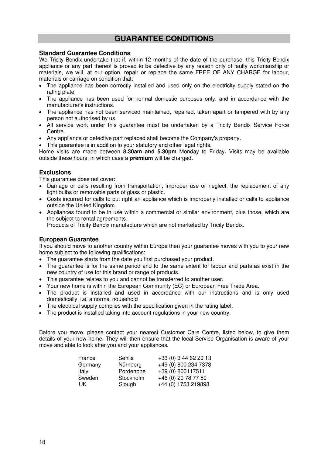 Tricity Bendix SE 211 installation instructions Standard Guarantee Conditions, Exclusions, European Guarantee 