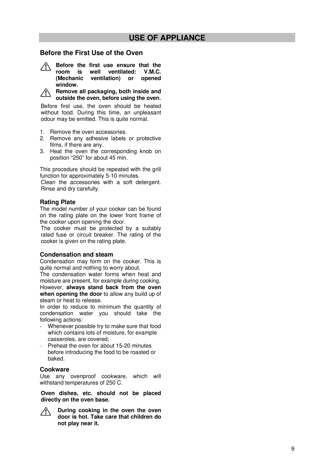 Tricity Bendix SE 211 installation instructions USE of Appliance, Rating Plate, Condensation and steam, Cookware 