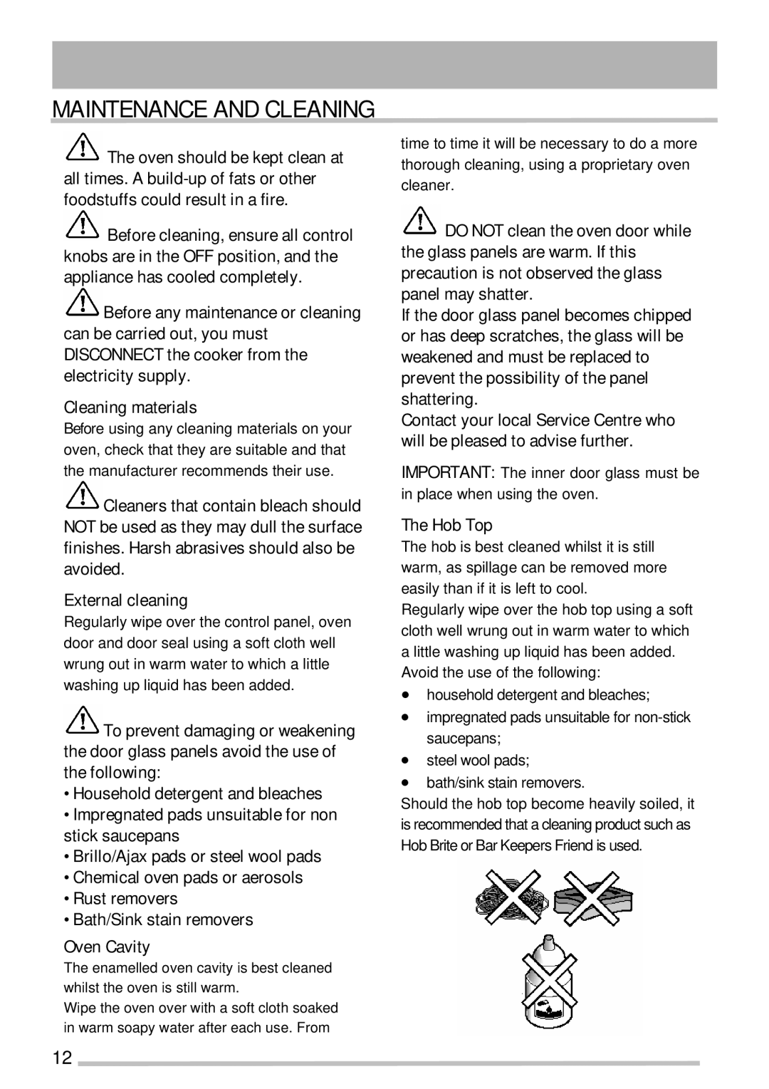 Tricity Bendix SE210/1W installation instructions Maintenance and Cleaning, Hob Top 