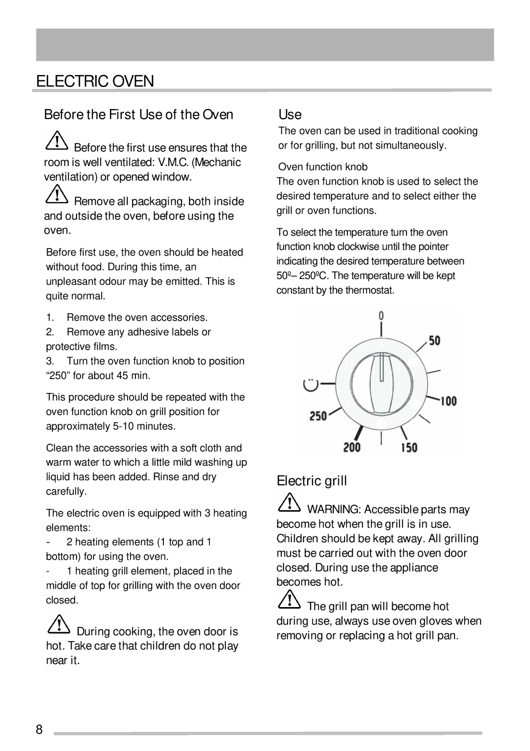 Tricity Bendix SE210/1W installation instructions Electric Oven, Before the First Use of the Oven, Electric grill 