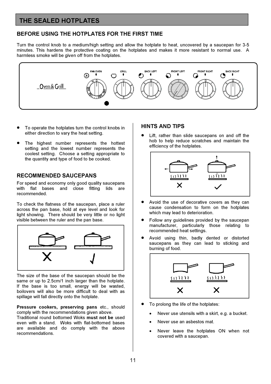 Tricity Bendix SE305 Sealed Hotplates, Before Using the Hotplates for the First Time, Recommended Saucepans 