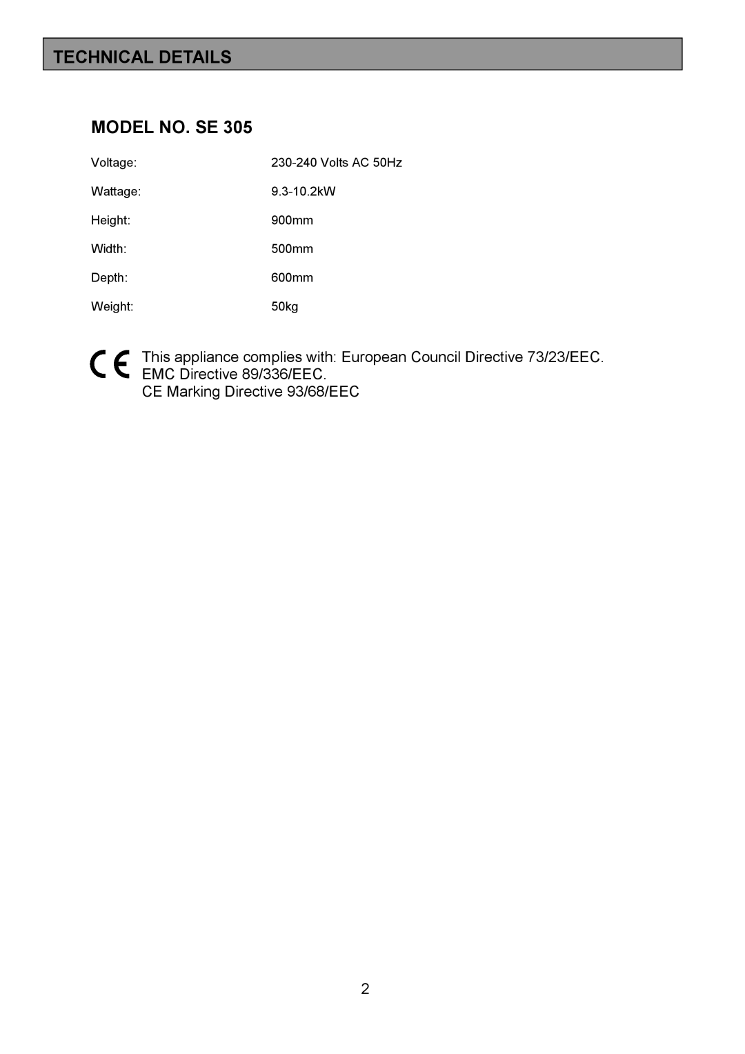 Tricity Bendix SE305 installation instructions Technical Details Model NO. SE 