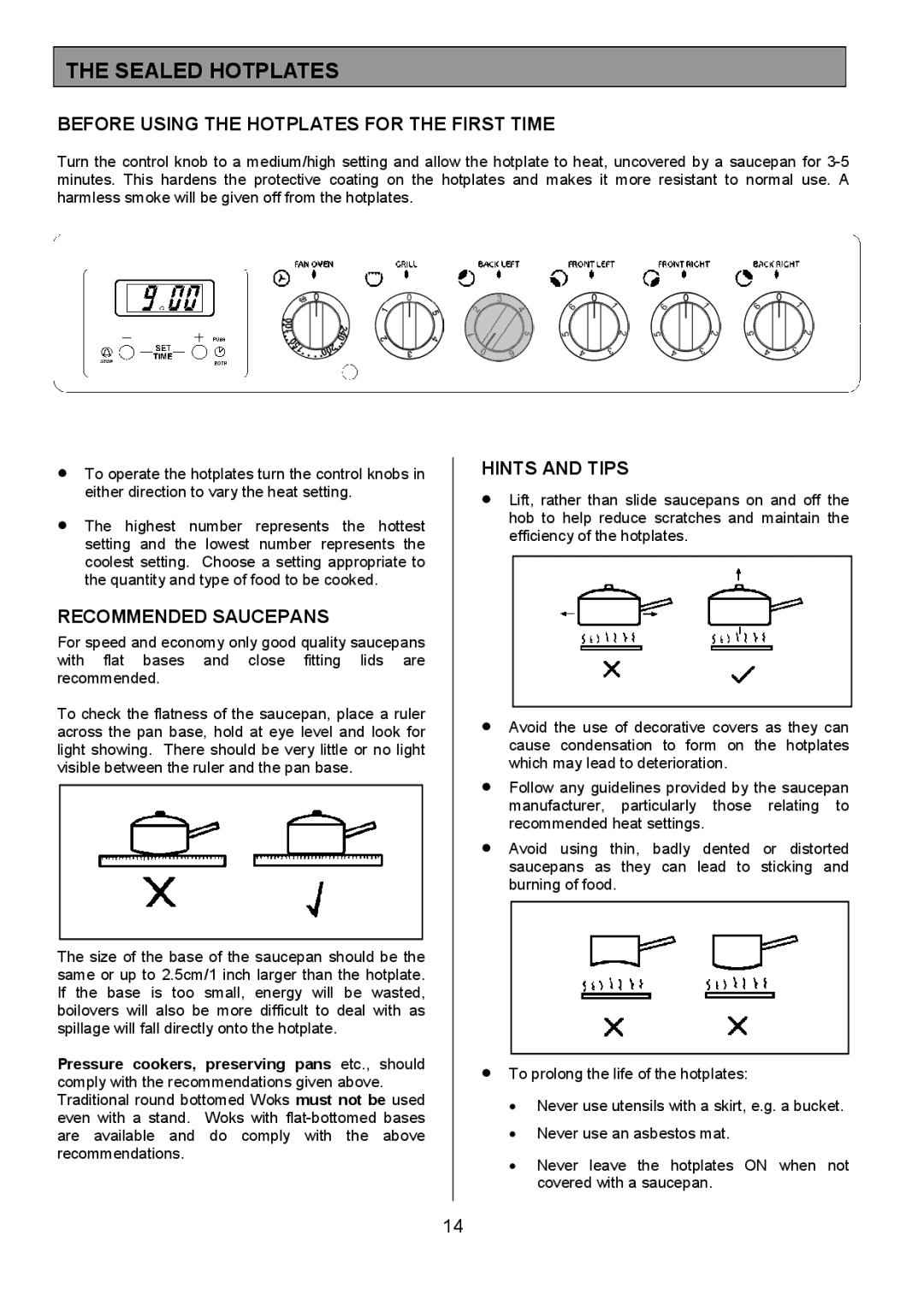 Tricity Bendix SE323 Sealed Hotplates, Before Using the Hotplates for the First Time, Recommended Saucepans 