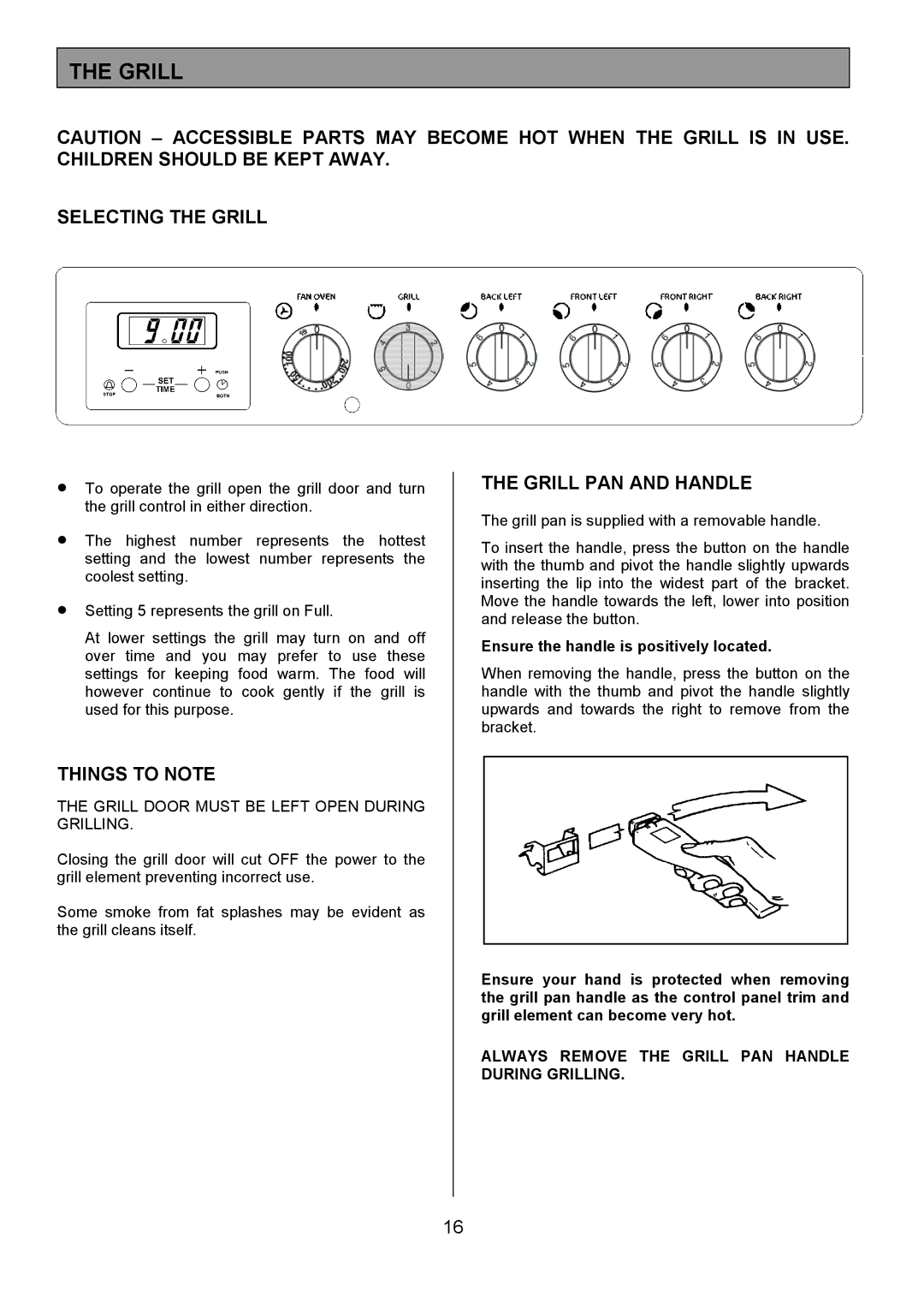 Tricity Bendix SE323 Selecting the Grill, Grill PAN and Handle, Always Remove the Grill PAN Handle During Grilling 