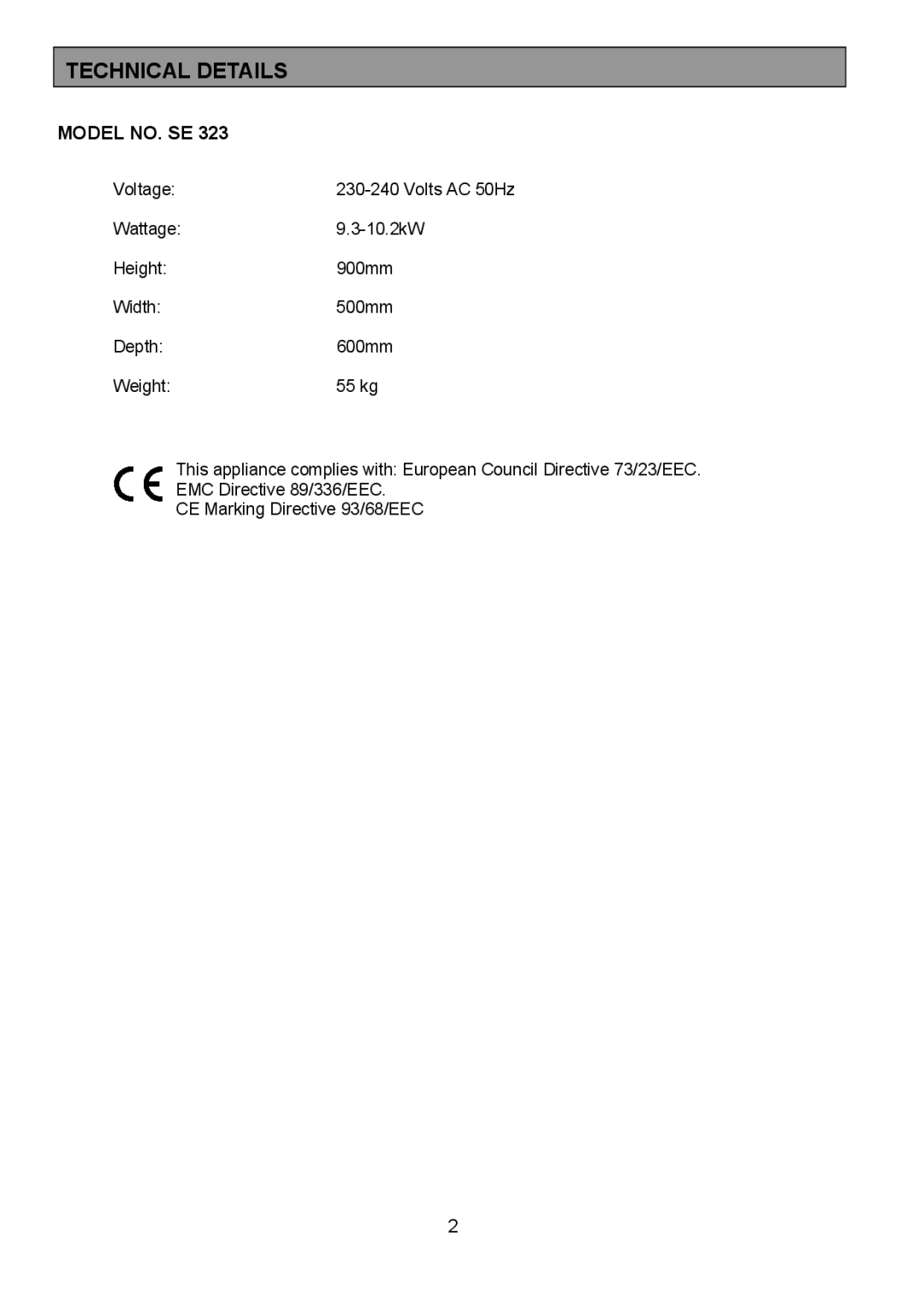 Tricity Bendix SE323 installation instructions Technical Details, Model NO. SE 