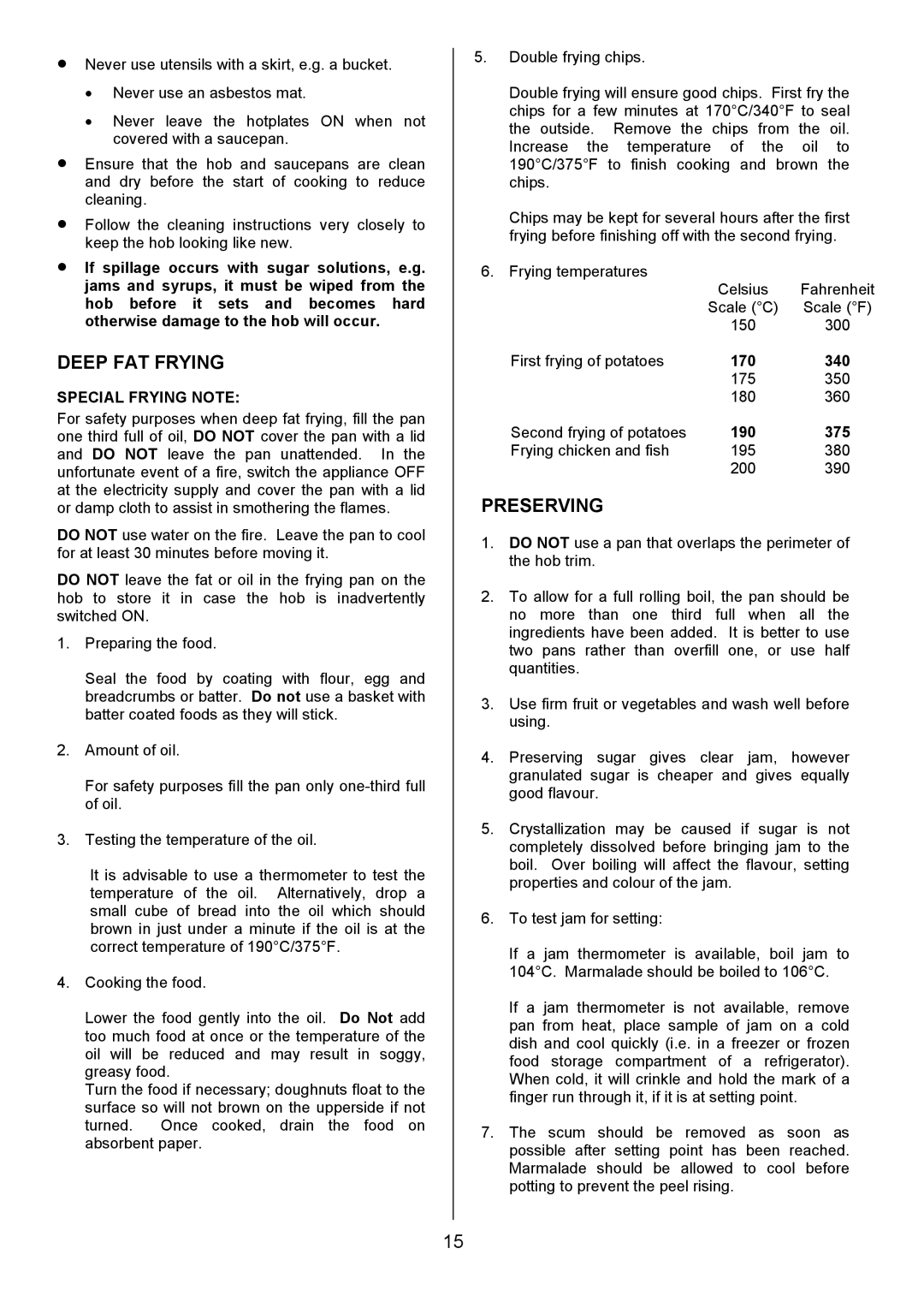 Tricity Bendix SE326 installation instructions Deep FAT Frying, Preserving, Special Frying Note, 170 340, 190 375 