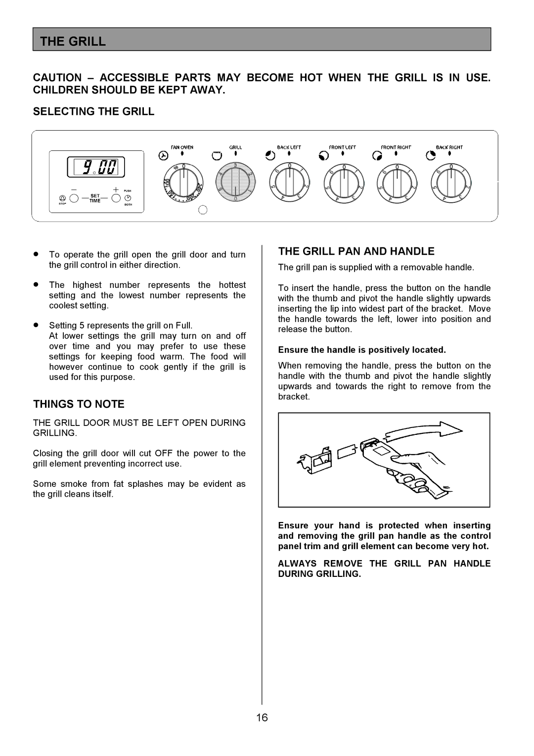 Tricity Bendix SE326 Selecting the Grill, Grill PAN and Handle, Ensure the handle is positively located 