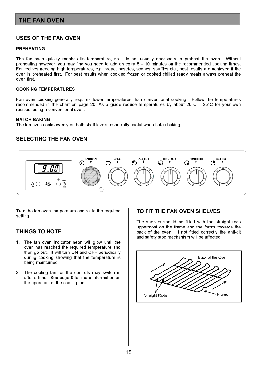 Tricity Bendix SE326 Uses of the FAN Oven, Selecting the FAN Oven, To FIT the FAN Oven Shelves 