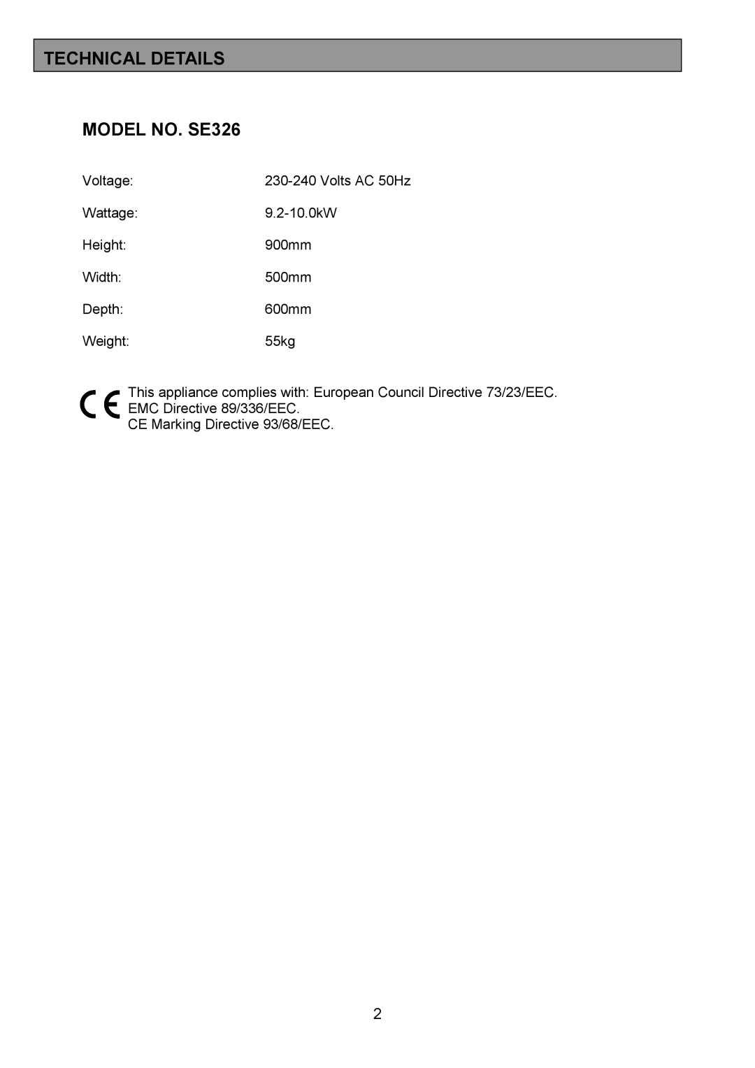 Tricity Bendix installation instructions Technical Details Model NO. SE326 