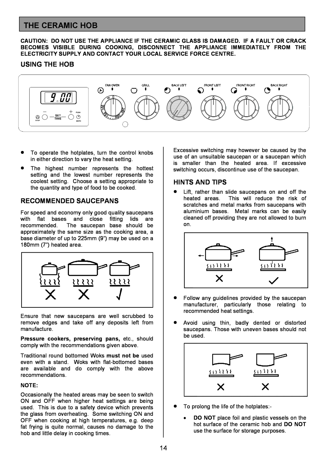 Tricity Bendix SE326 installation instructions The Ceramic Hob, Using The Hob, Recommended Saucepans, Hints And Tips 