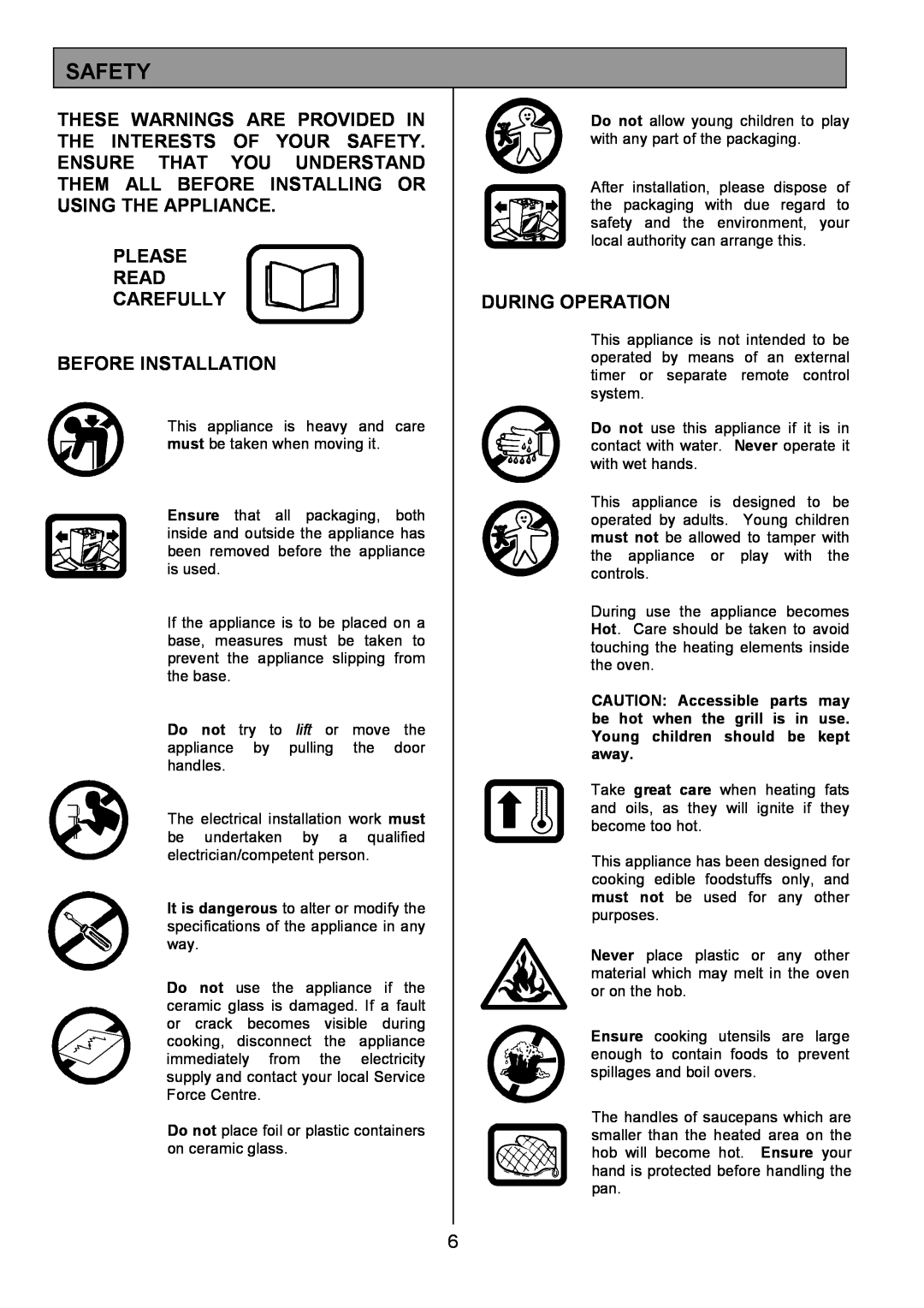 Tricity Bendix SE326 installation instructions Safety, Please Read Carefully Before Installation, During Operation 