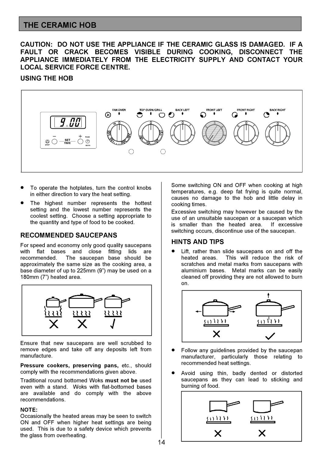 Tricity Bendix SE340 installation instructions Ceramic HOB, Using the HOB, Recommended Saucepans, Hints and Tips 