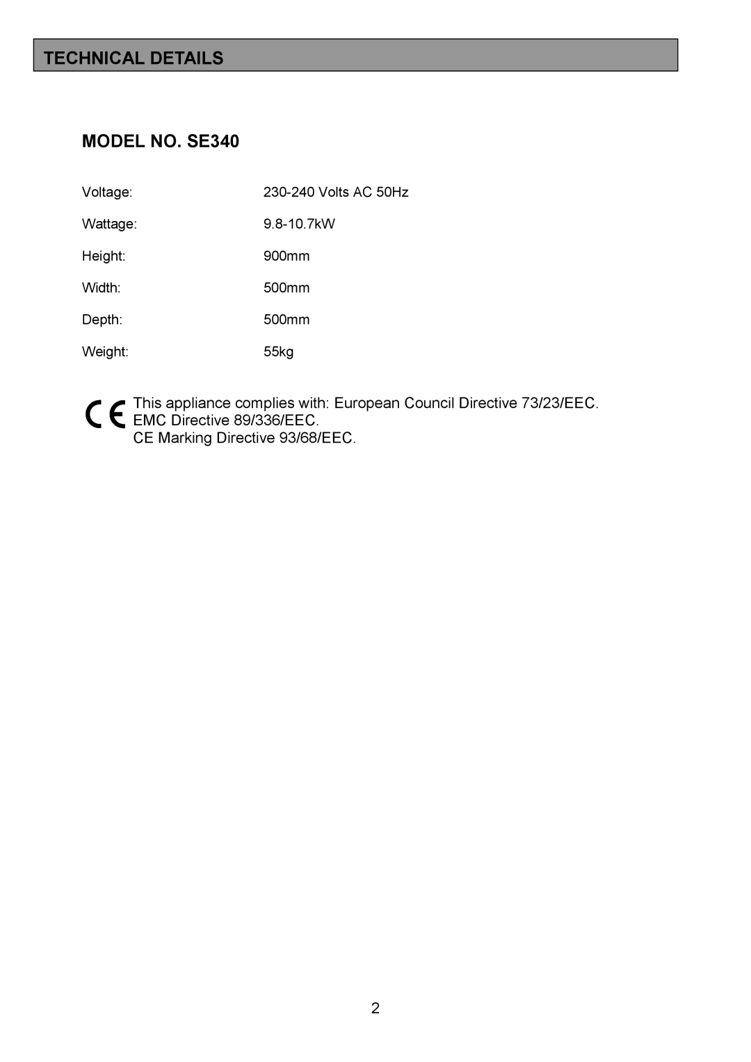 Tricity Bendix installation instructions Technical Details Model NO. SE340 