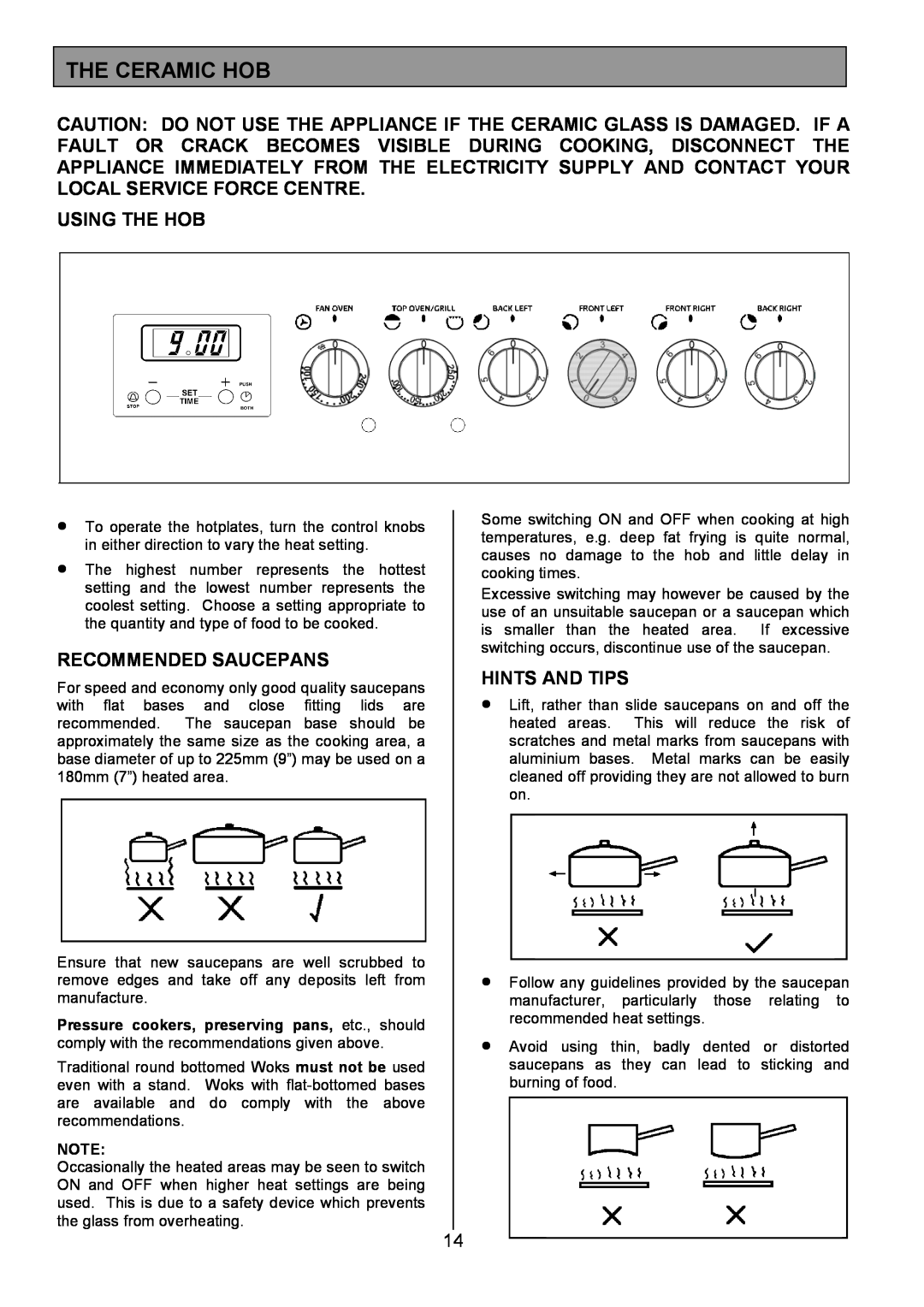 Tricity Bendix SE340 installation instructions The Ceramic Hob, Using The Hob, Recommended Saucepans, Hints And Tips 