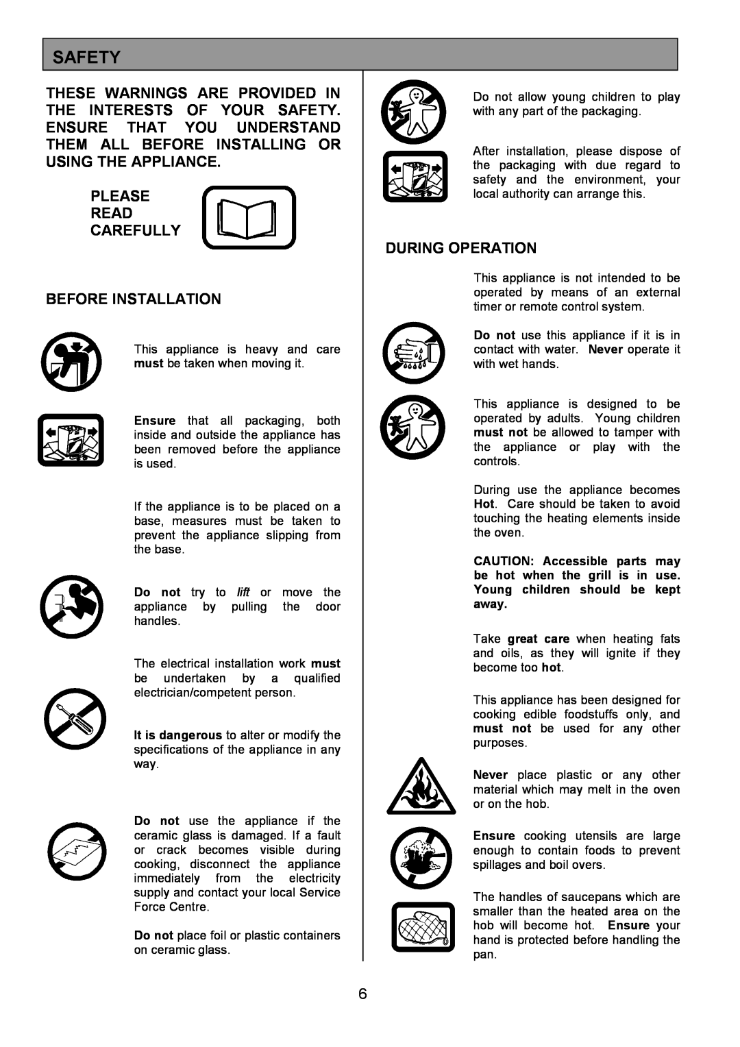 Tricity Bendix SE340 installation instructions Safety, Please Read Carefully Before Installation, During Operation 