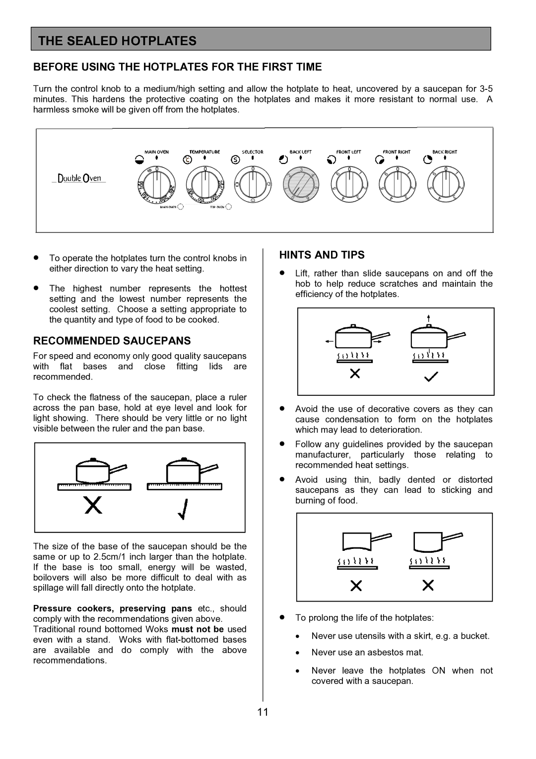 Tricity Bendix SE402 Sealed Hotplates, Before Using the Hotplates for the First Time, Recommended Saucepans 