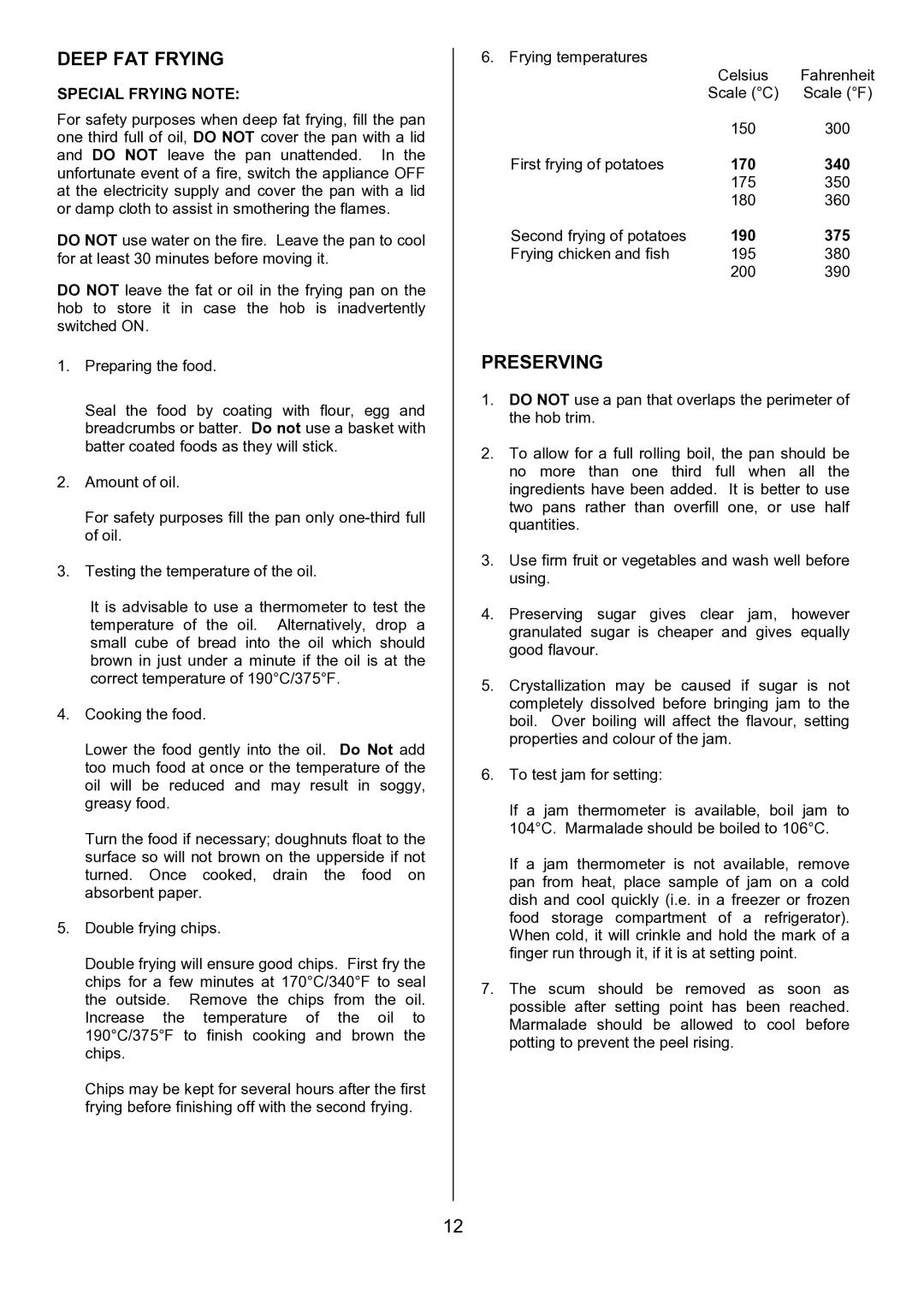 Tricity Bendix SE402 installation instructions Deep FAT Frying, Preserving 