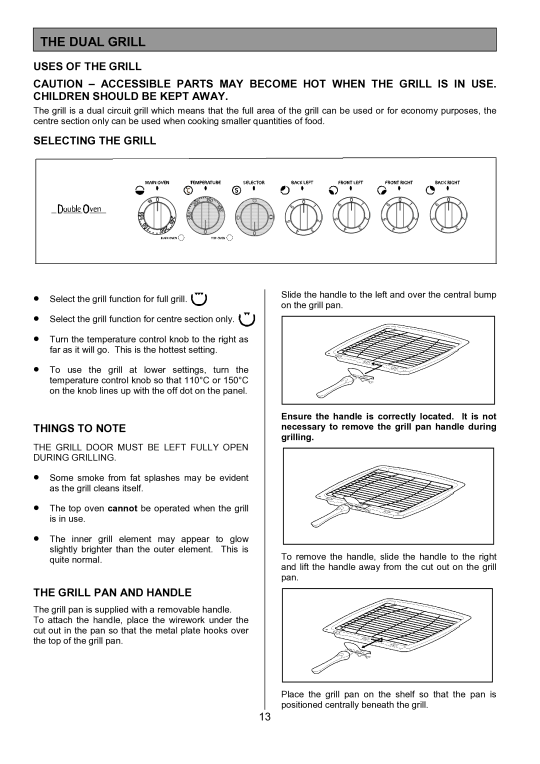 Tricity Bendix SE402 Dual Grill, Uses of the Grill, Selecting the Grill, Things to Note, Grill PAN and Handle 