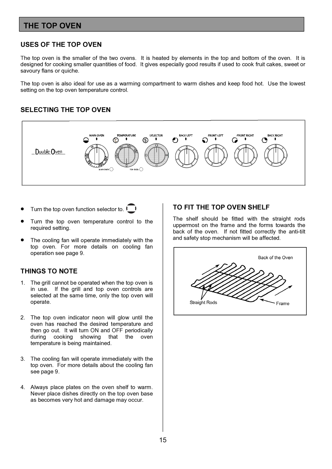 Tricity Bendix SE402 installation instructions Uses of the TOP Oven, Selecting the TOP Oven, To FIT the TOP Oven Shelf 