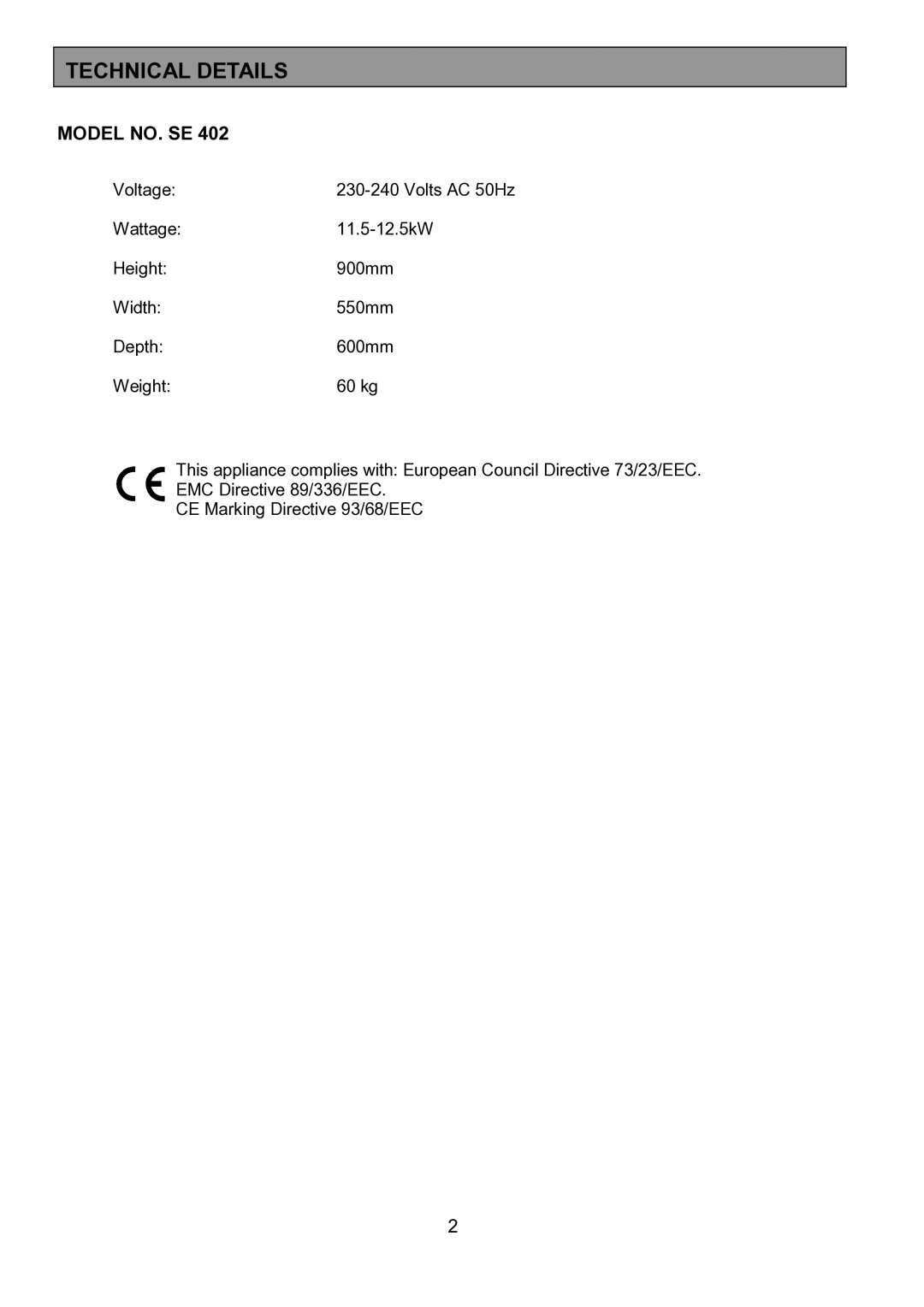 Tricity Bendix SE402 installation instructions Technical Details, Model NO. SE 