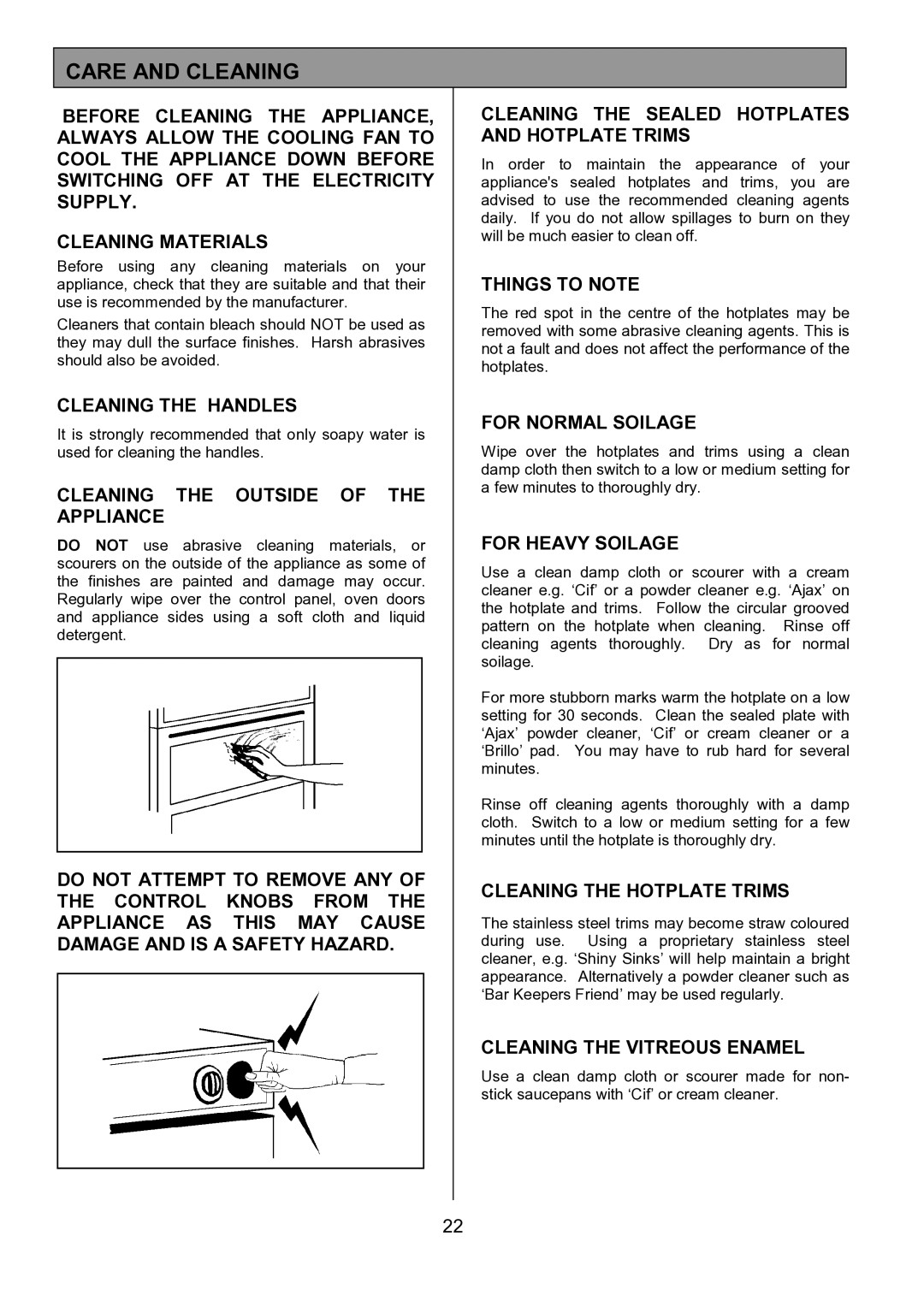 Tricity Bendix SE402 installation instructions Care and Cleaning 