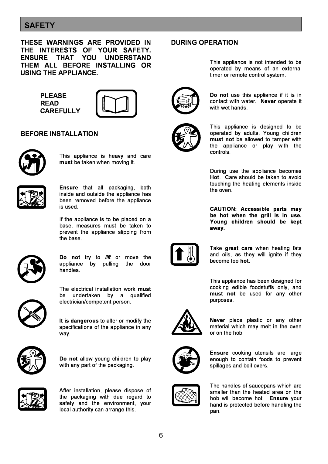 Tricity Bendix SE402 installation instructions Safety, Please Read Carefully Before Installation, During Operation 