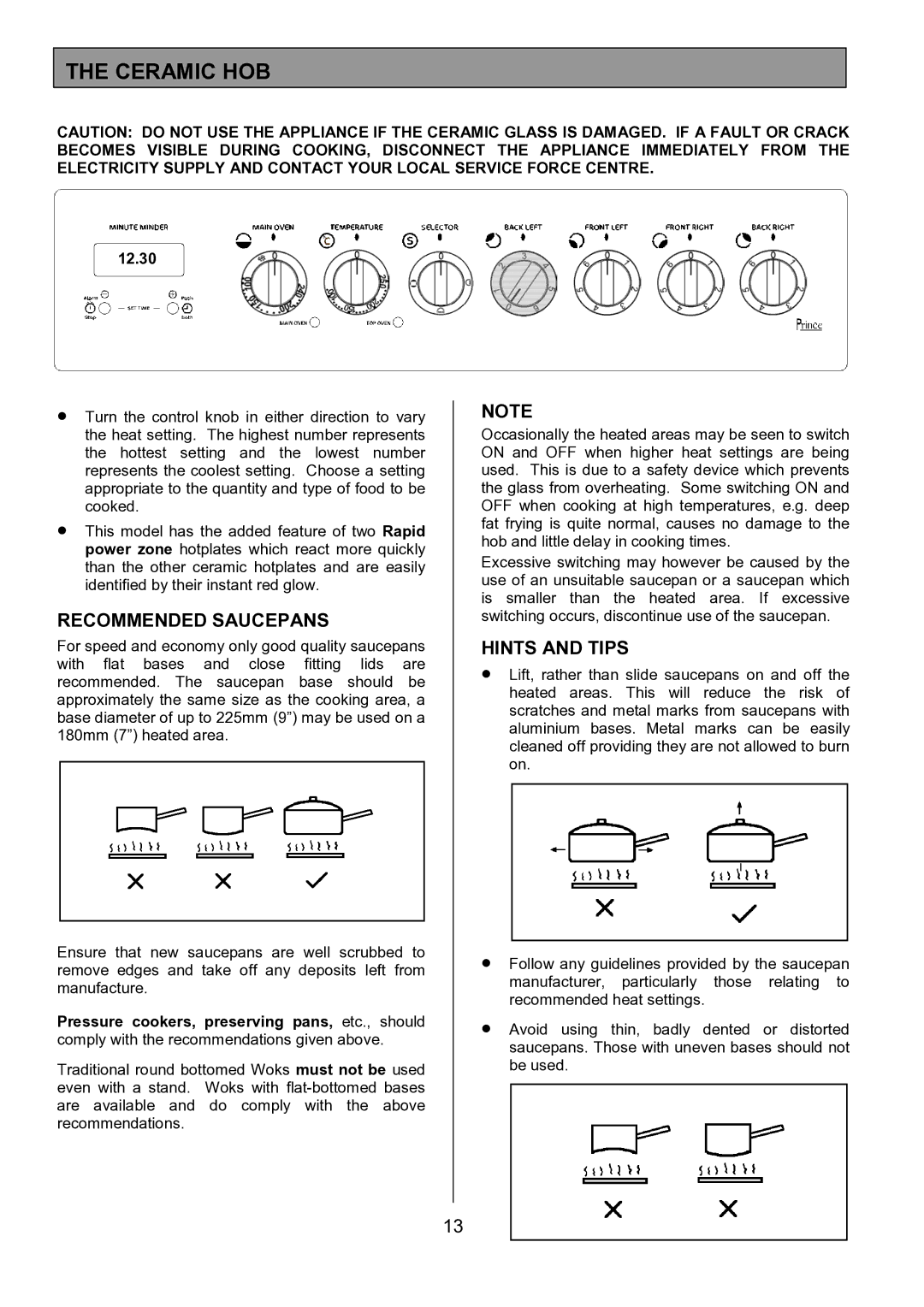 Tricity Bendix SE424 installation instructions Ceramic HOB, Recommended Saucepans, Hints and Tips 