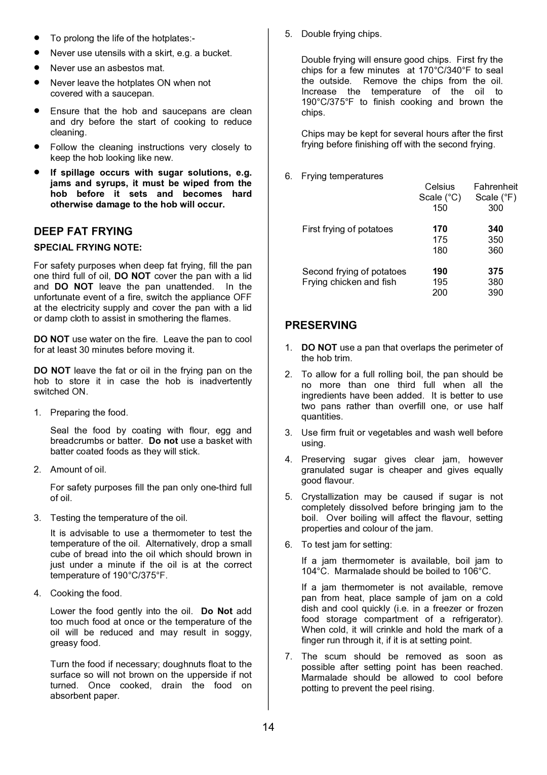 Tricity Bendix SE424 installation instructions Deep FAT Frying, Preserving, Special Frying Note 