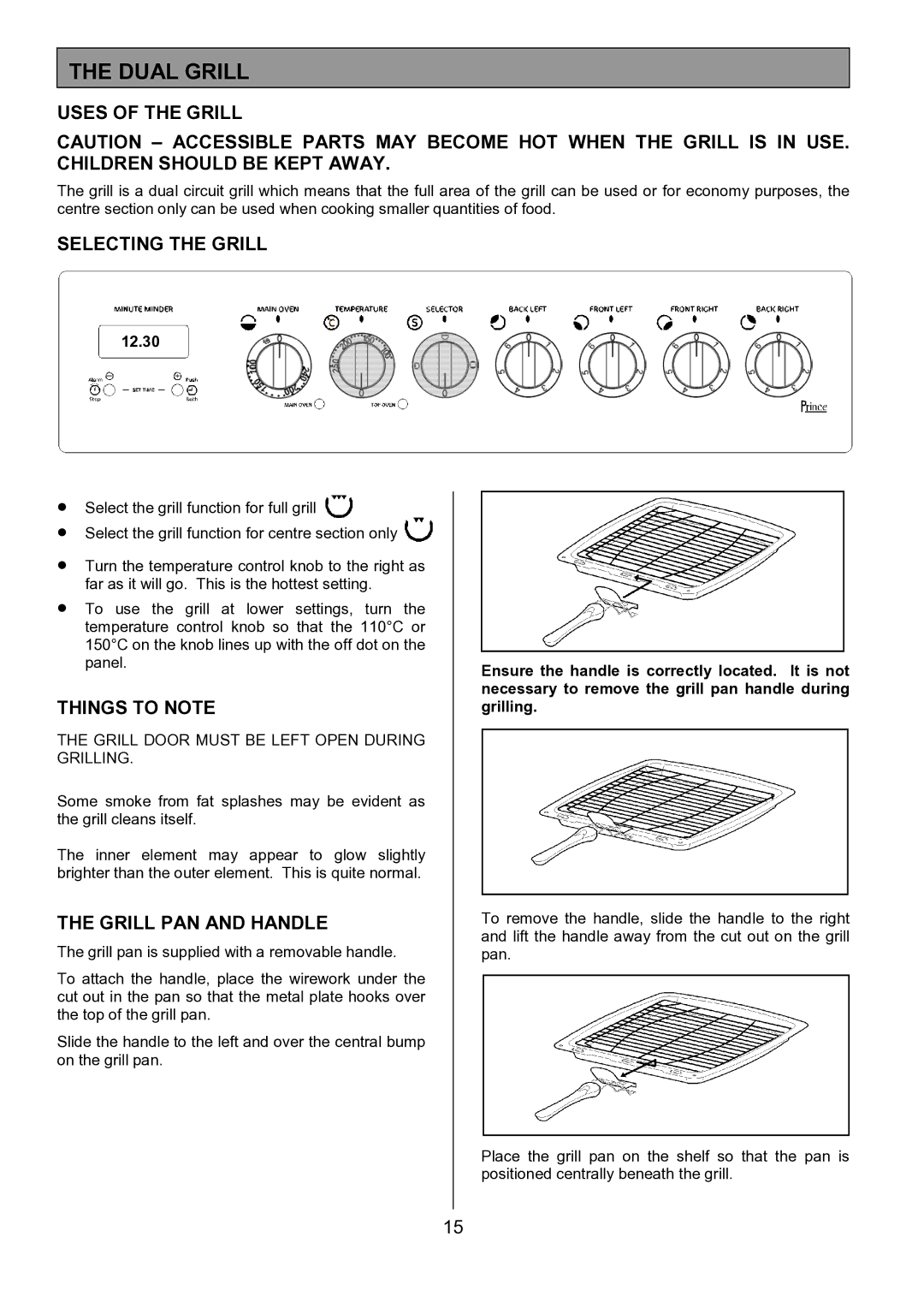 Tricity Bendix SE424 Dual Grill, Uses of the Grill, Selecting the Grill, Things to Note, Grill PAN and Handle 