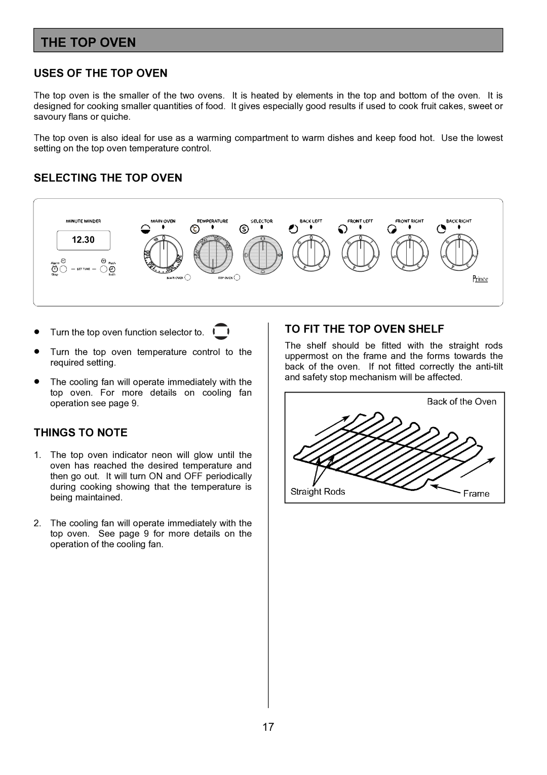 Tricity Bendix SE424 installation instructions Uses of the TOP Oven, Selecting the TOP Oven, To FIT the TOP Oven Shelf 