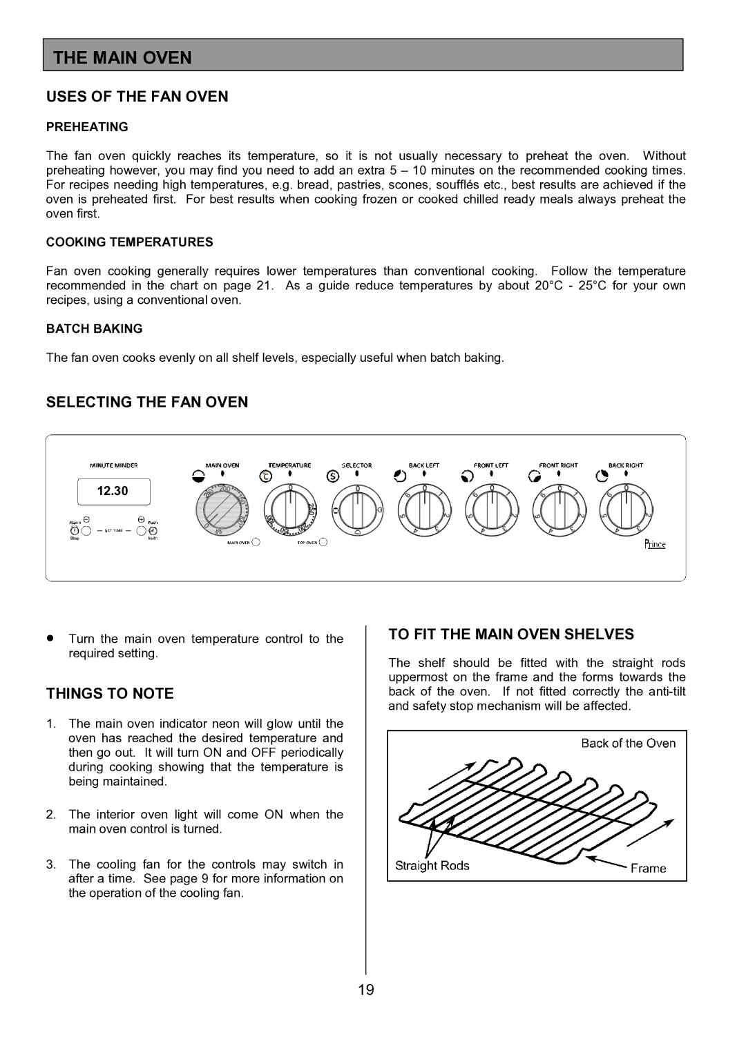 Tricity Bendix SE424 Uses of the FAN Oven, Selecting the FAN Oven, To FIT the Main Oven Shelves 