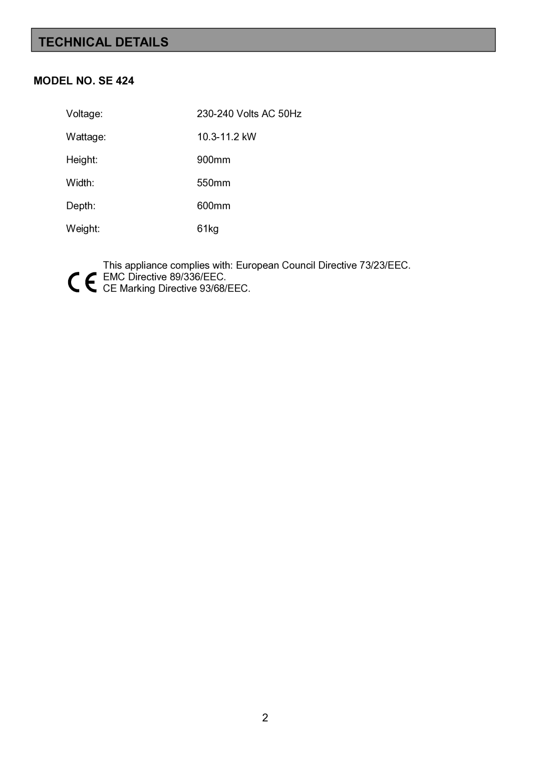 Tricity Bendix SE424 installation instructions Technical Details, Model NO. SE 