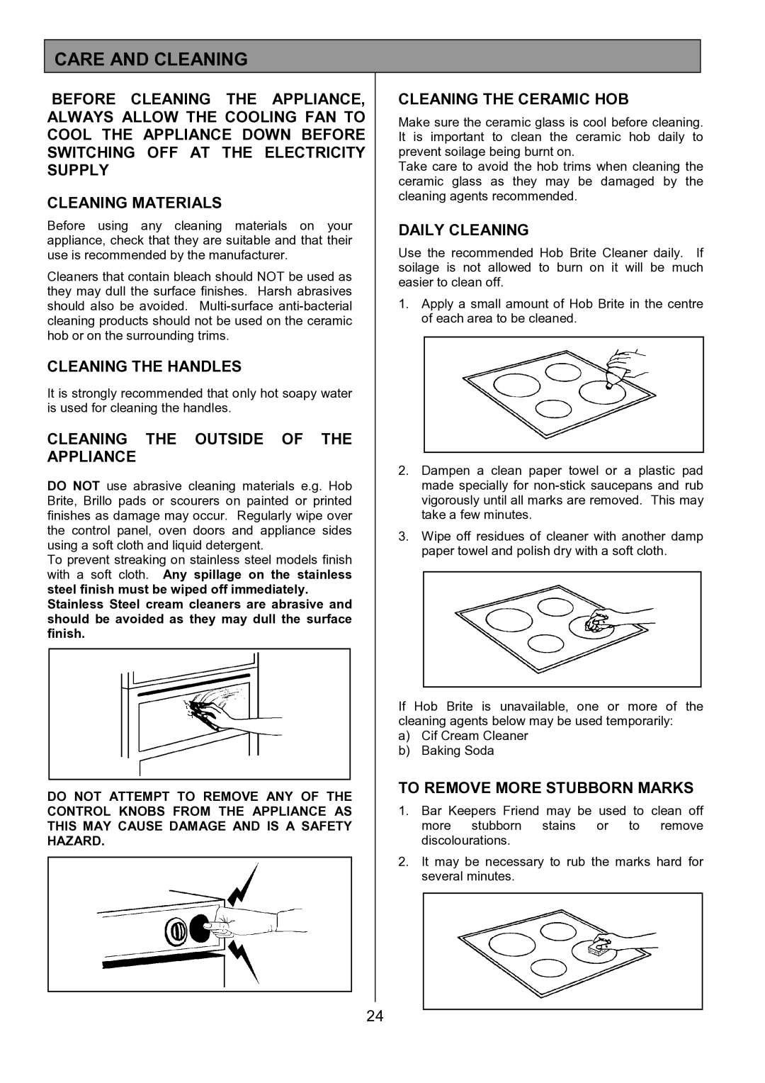 Tricity Bendix SE424 installation instructions Care and Cleaning 