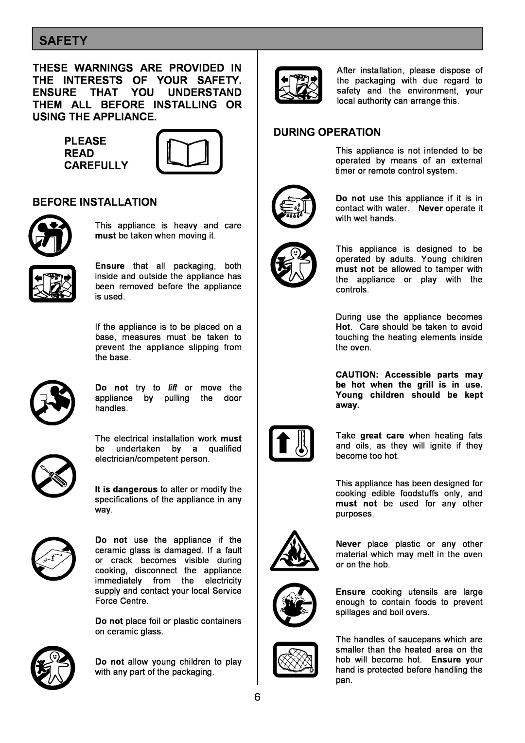 Tricity Bendix SE424 installation instructions Safety, Please Read Carefully Before Installation, During Operation 