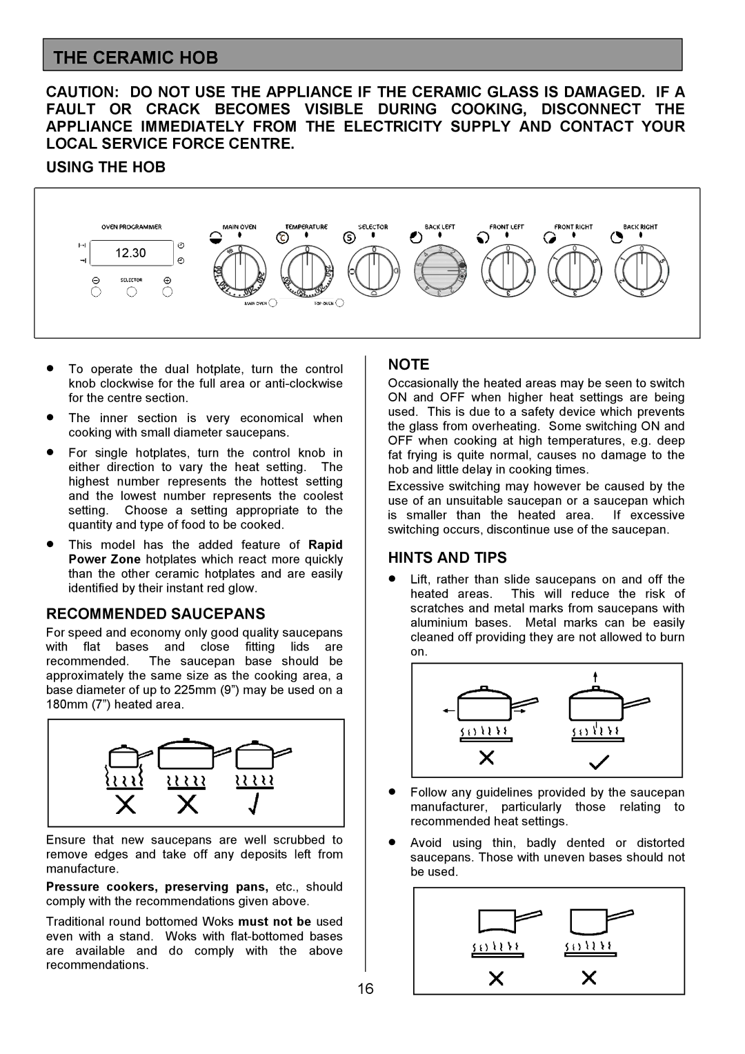 Tricity Bendix SE454 installation instructions Ceramic HOB, Using the HOB, Recommended Saucepans, Hints and Tips 