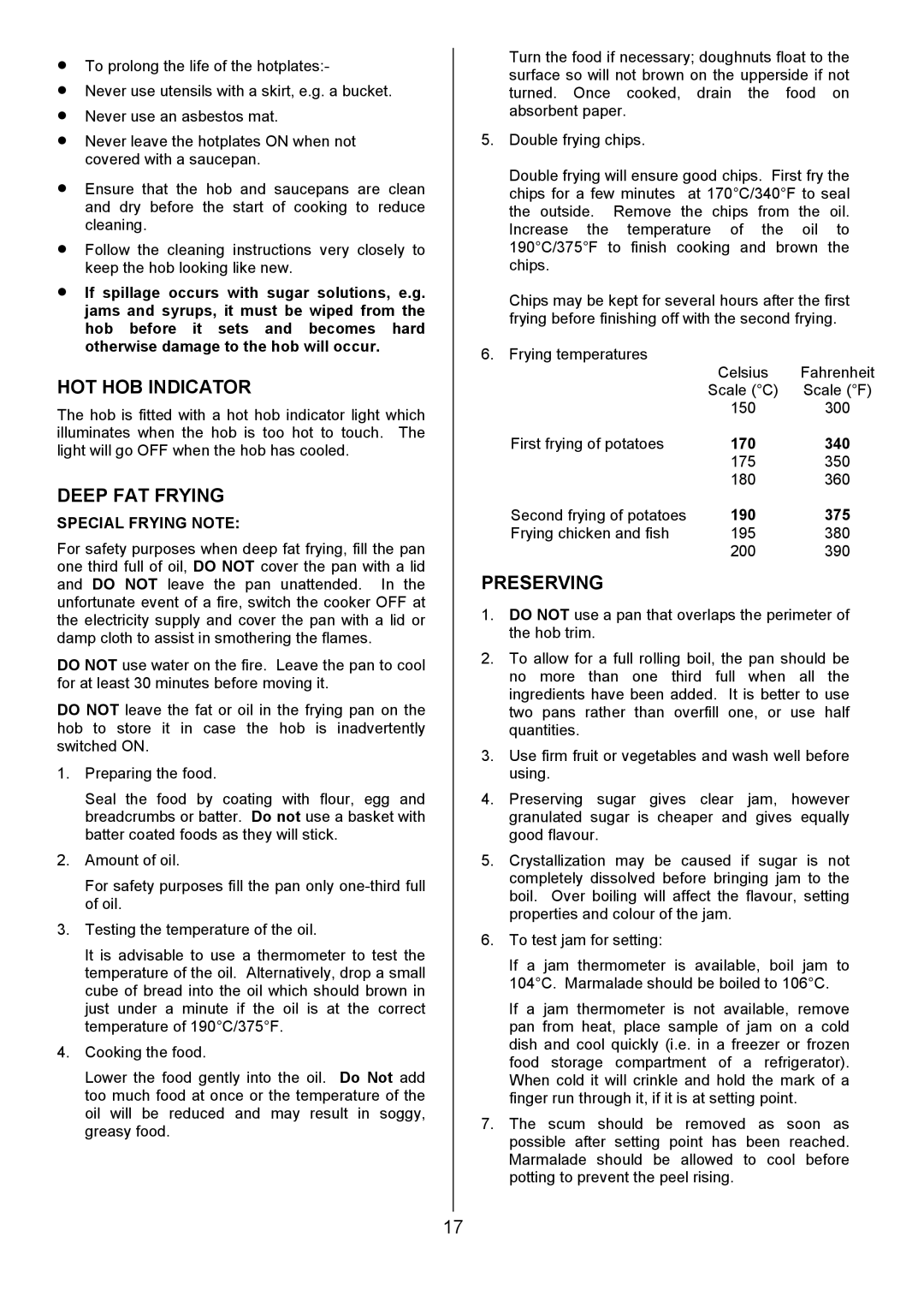 Tricity Bendix SE454 installation instructions HOT HOB Indicator, Deep FAT Frying, Preserving, Special Frying Note 