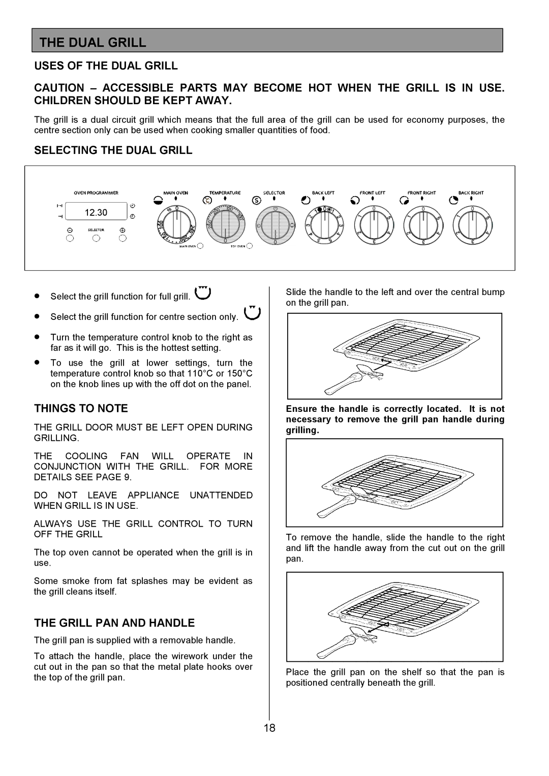 Tricity Bendix SE454 installation instructions Uses of the Dual Grill, Selecting the Dual Grill, Grill PAN and Handle 