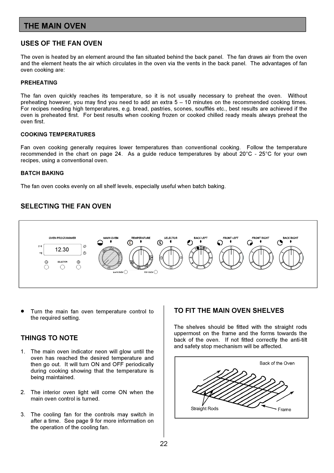 Tricity Bendix SE454 Uses of the FAN Oven, Selecting the FAN Oven, To FIT the Main Oven Shelves 