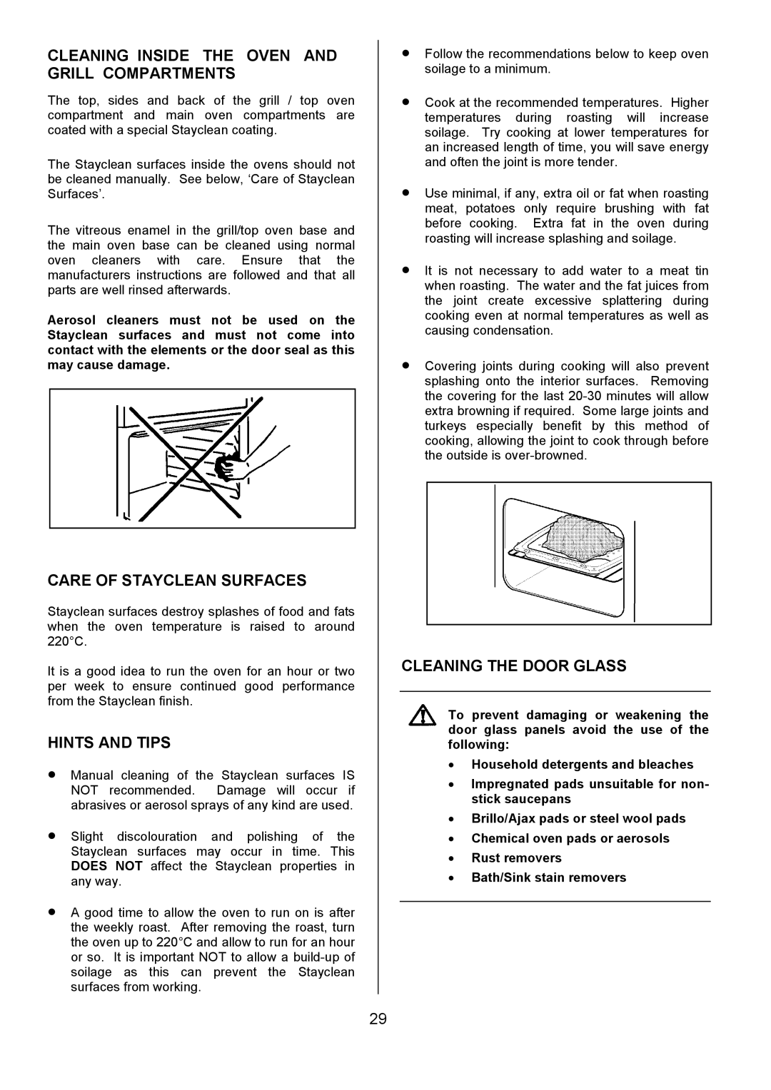 Tricity Bendix SE454 Cleaning Inside the Oven and Grill Compartments, Care of Stayclean Surfaces, Cleaning the Door Glass 