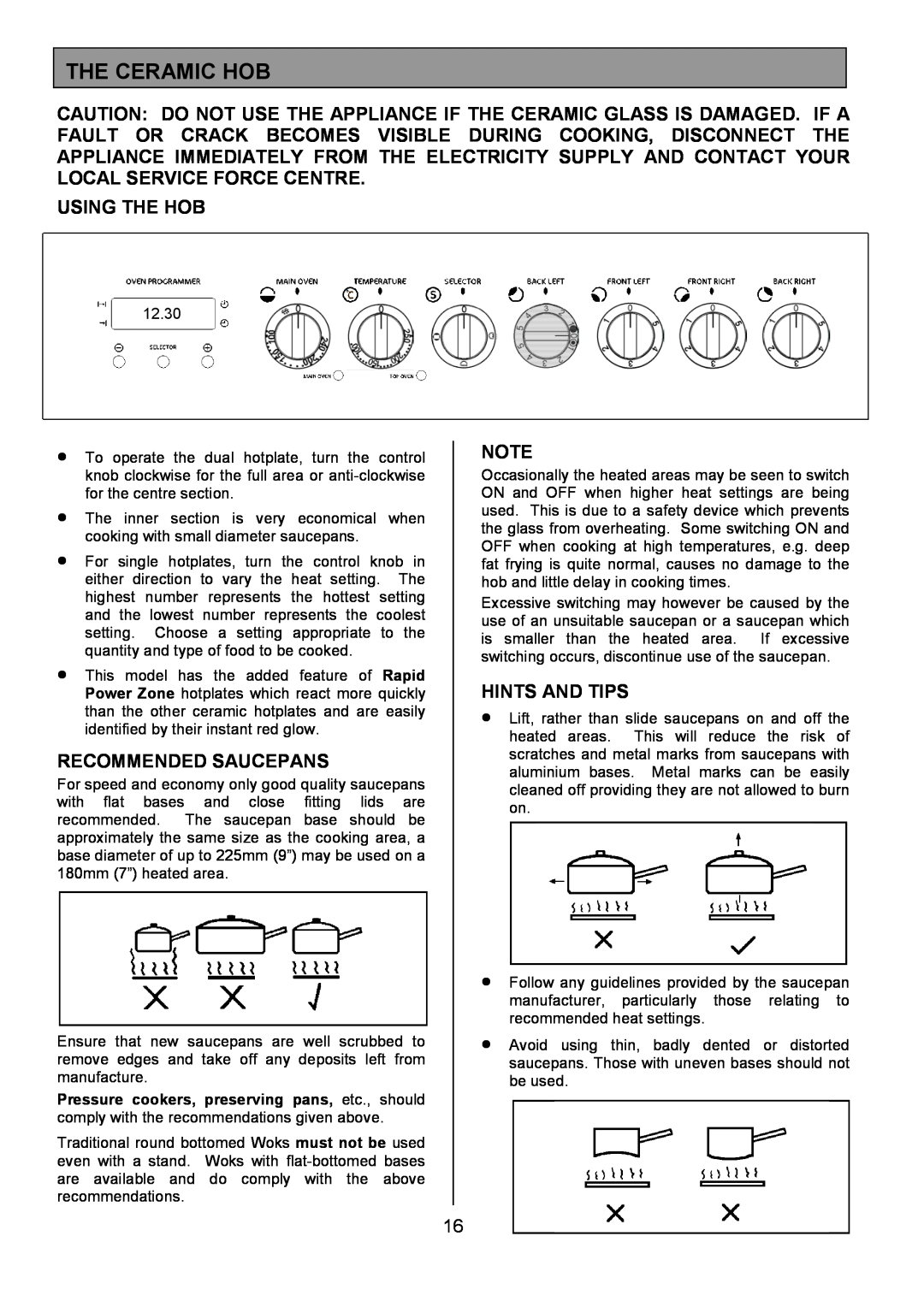 Tricity Bendix SE454 installation instructions The Ceramic Hob, Using The Hob, Recommended Saucepans, Hints And Tips 