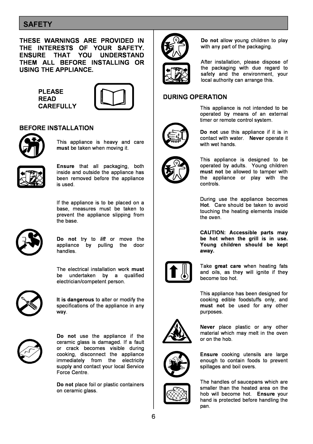 Tricity Bendix SE454 installation instructions Safety, Please Read Carefully Before Installation, During Operation 