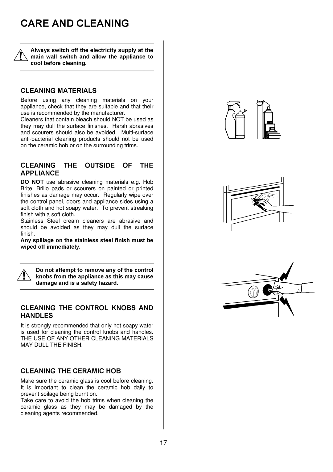 Tricity Bendix SE501 installation instructions Care and Cleaning, Cleaning Materials, Cleaning the Outside of the Appliance 