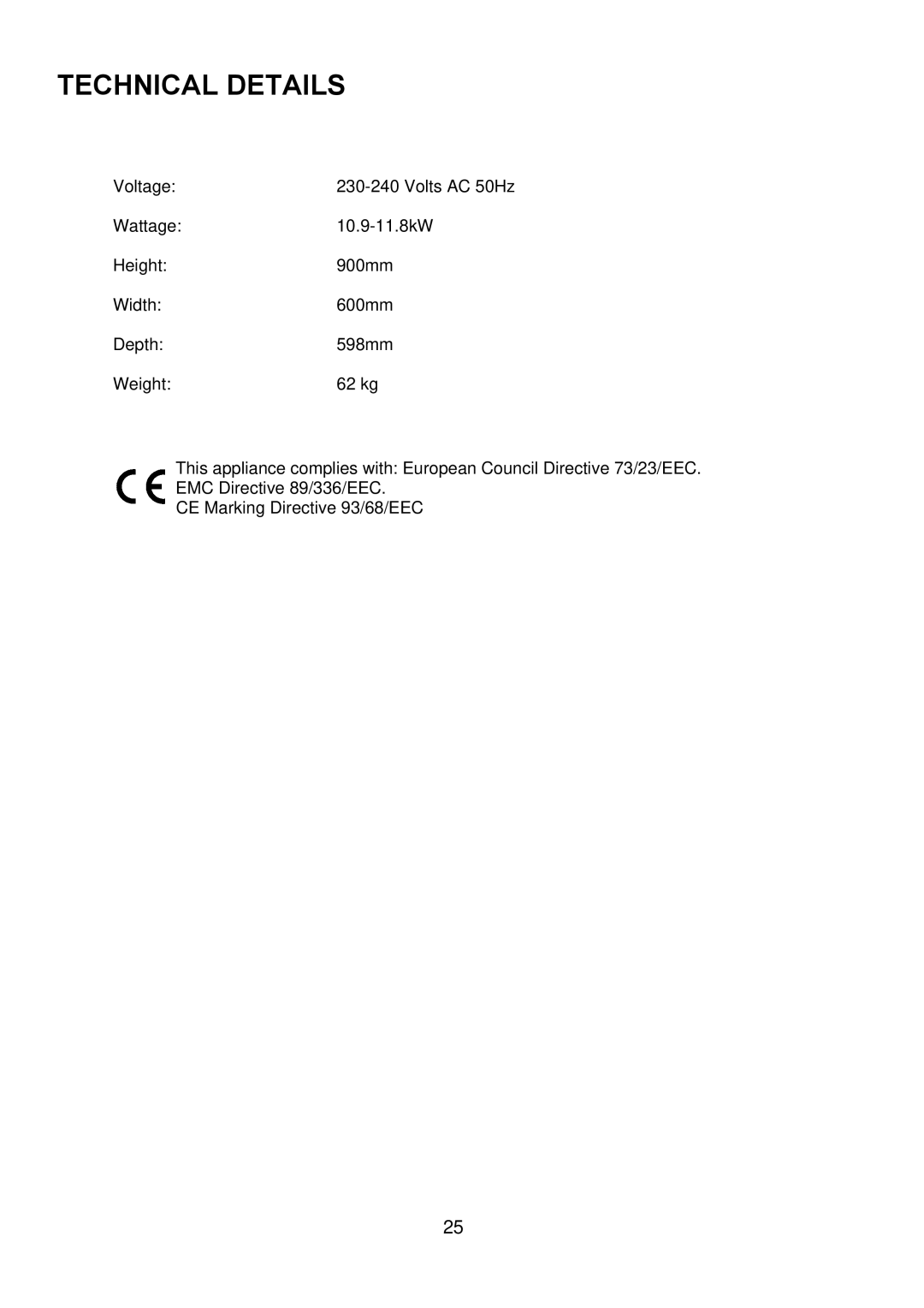 Tricity Bendix SE501 installation instructions Technical Details 