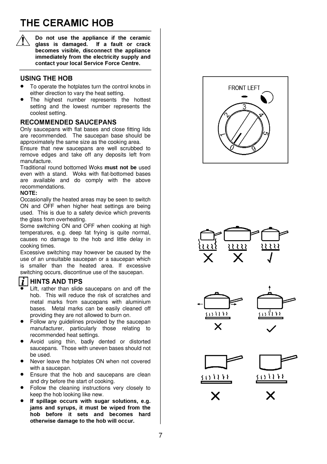 Tricity Bendix SE501 installation instructions Ceramic HOB, Using the HOB, Recommended Saucepans, Hints and Tips 