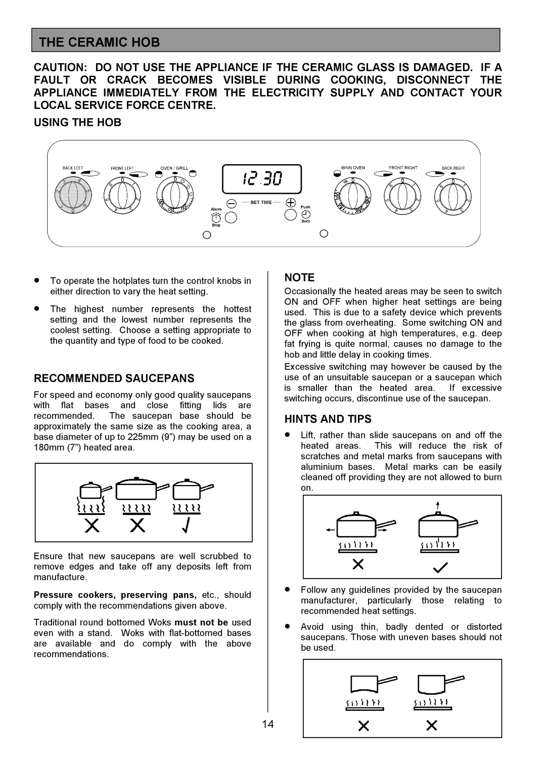 Tricity Bendix SE505 installation instructions Ceramic HOB, Using the HOB, Recommended Saucepans, Hints and Tips 