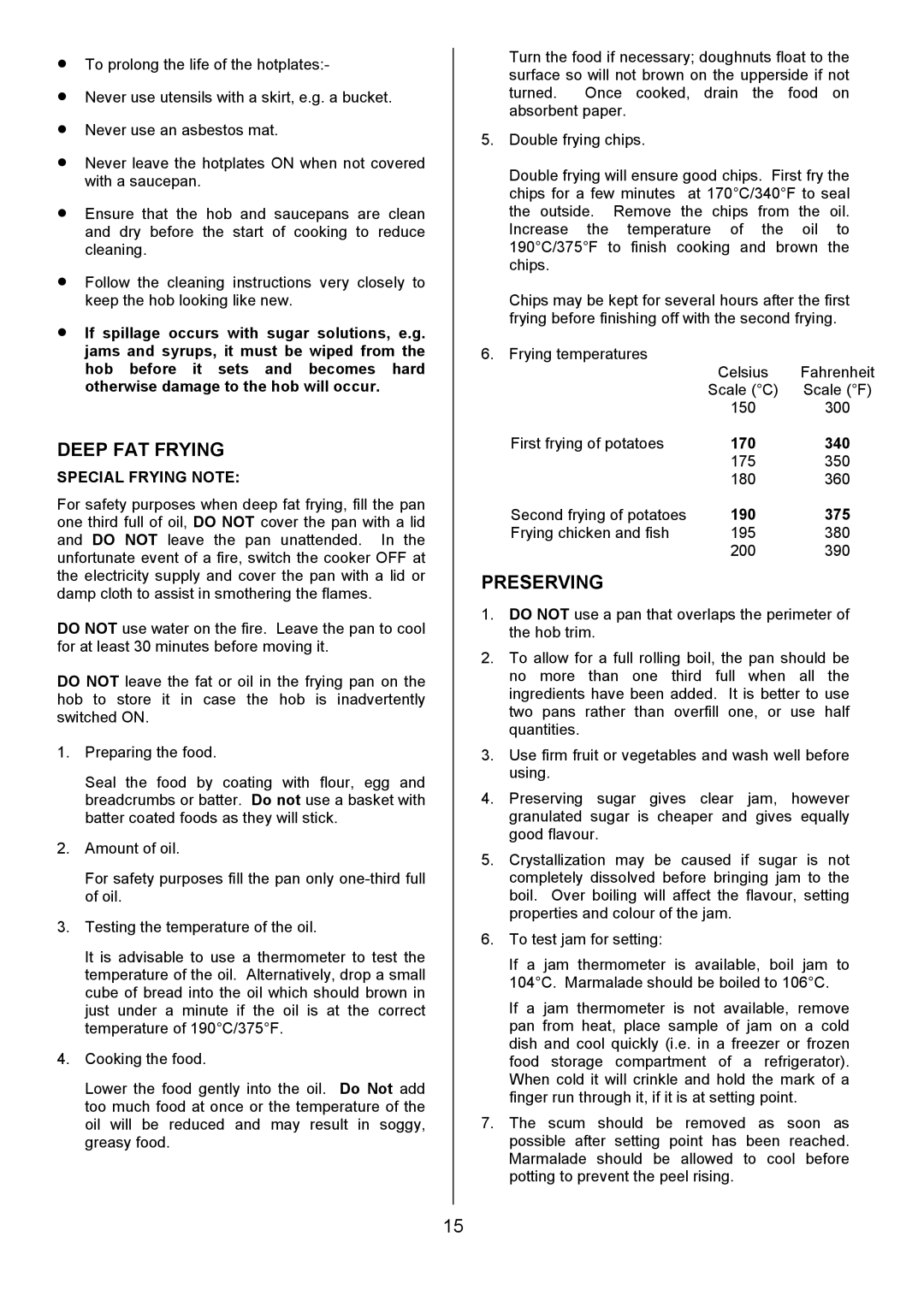 Tricity Bendix SE505 installation instructions Deep FAT Frying, Preserving, Special Frying Note 