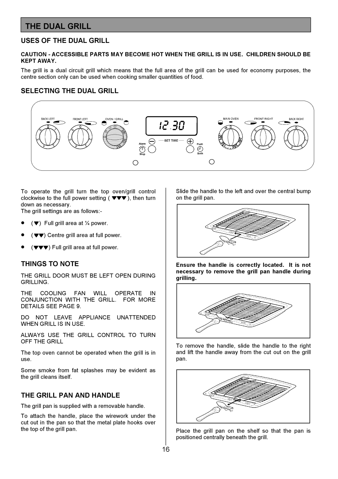 Tricity Bendix SE505 Uses of the Dual Grill, Selecting the Dual Grill, Things to Note, Grill PAN and Handle 